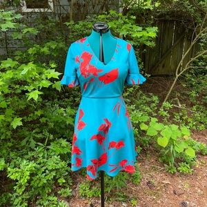 Ted Baker Blue and Red Floral Quarter Length Sleeve Dress